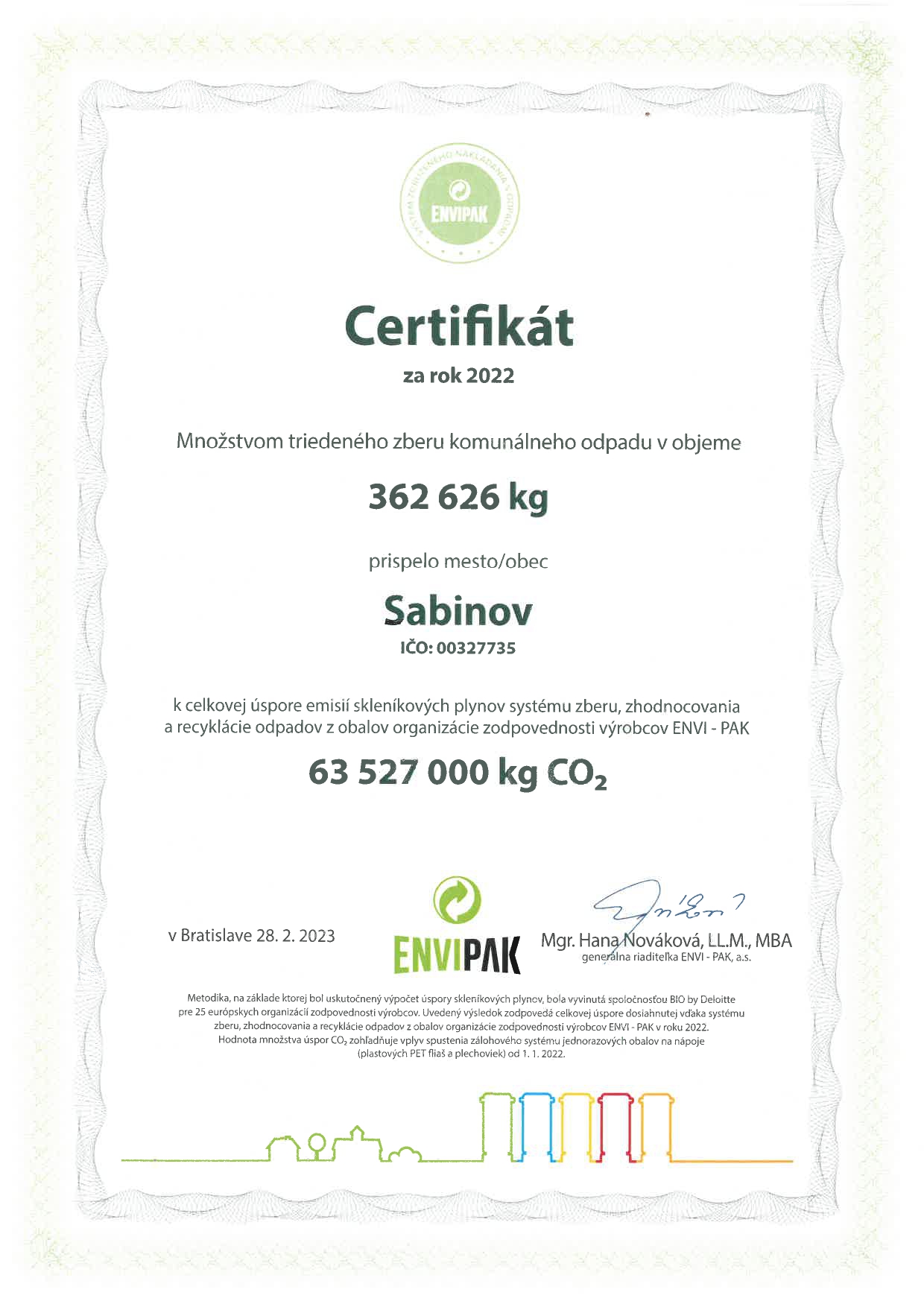 Certifikát pre mesto Sabinov od organizácie ENVI-PAK, a.s. 