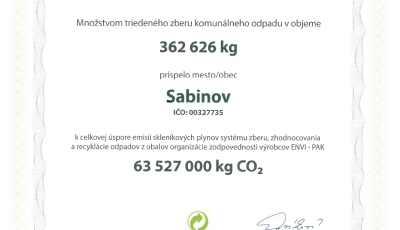 Certifikát pre mesto Sabinov od organizácie ENVI-PAK, a.s. 