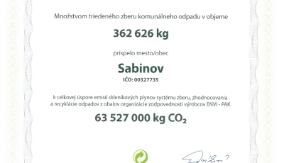 Certifikát pre mesto Sabinov od organizácie ENVI-PAK, a.s.